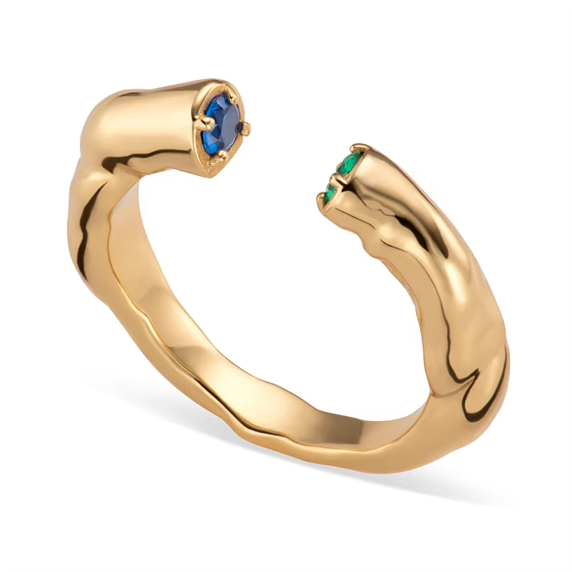 Modern Open Stacker Ring in 925 Sterling Silver with 18K Gold and Dual Cubic Zirconia Gems
