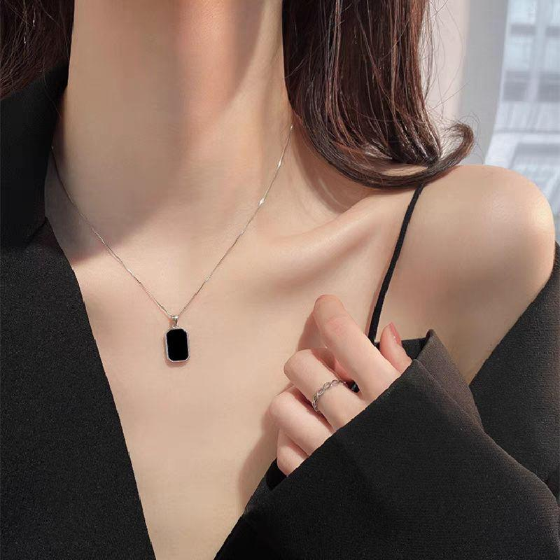 Modern Silver Necklace with Black Rectangle Pendant