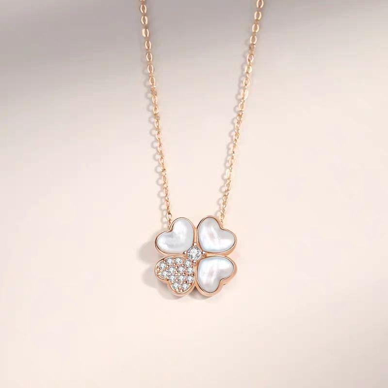 Mother of Pearl Four-Leaf Clover Heart Pendant Necklace – Rose Gold Plated Chain