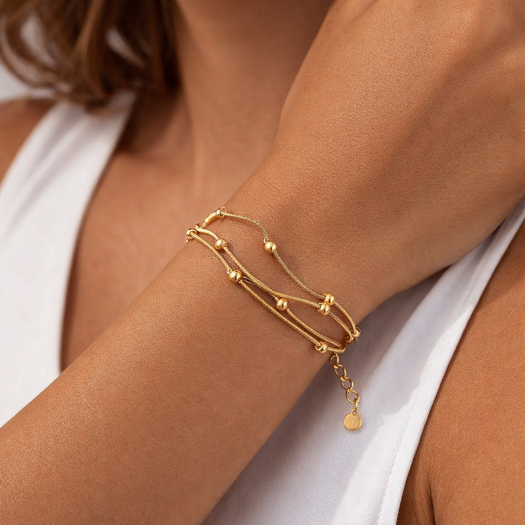 Multi-Layer Stainless Steel Snake Chain Bracelet with Polished Gold Beads, Adjustable Gold Plated Bracelet for Women