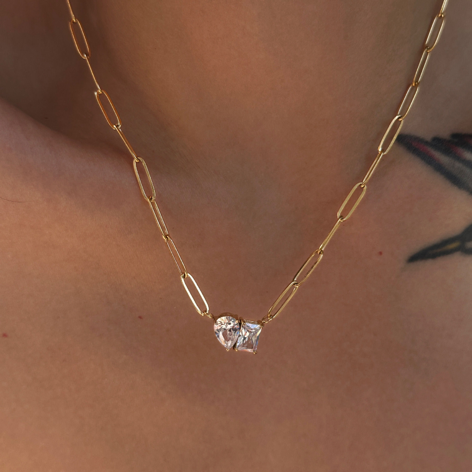 Elegant Gold Link Chain Necklace with Dual-Cut Cubic Zirconia Pendants