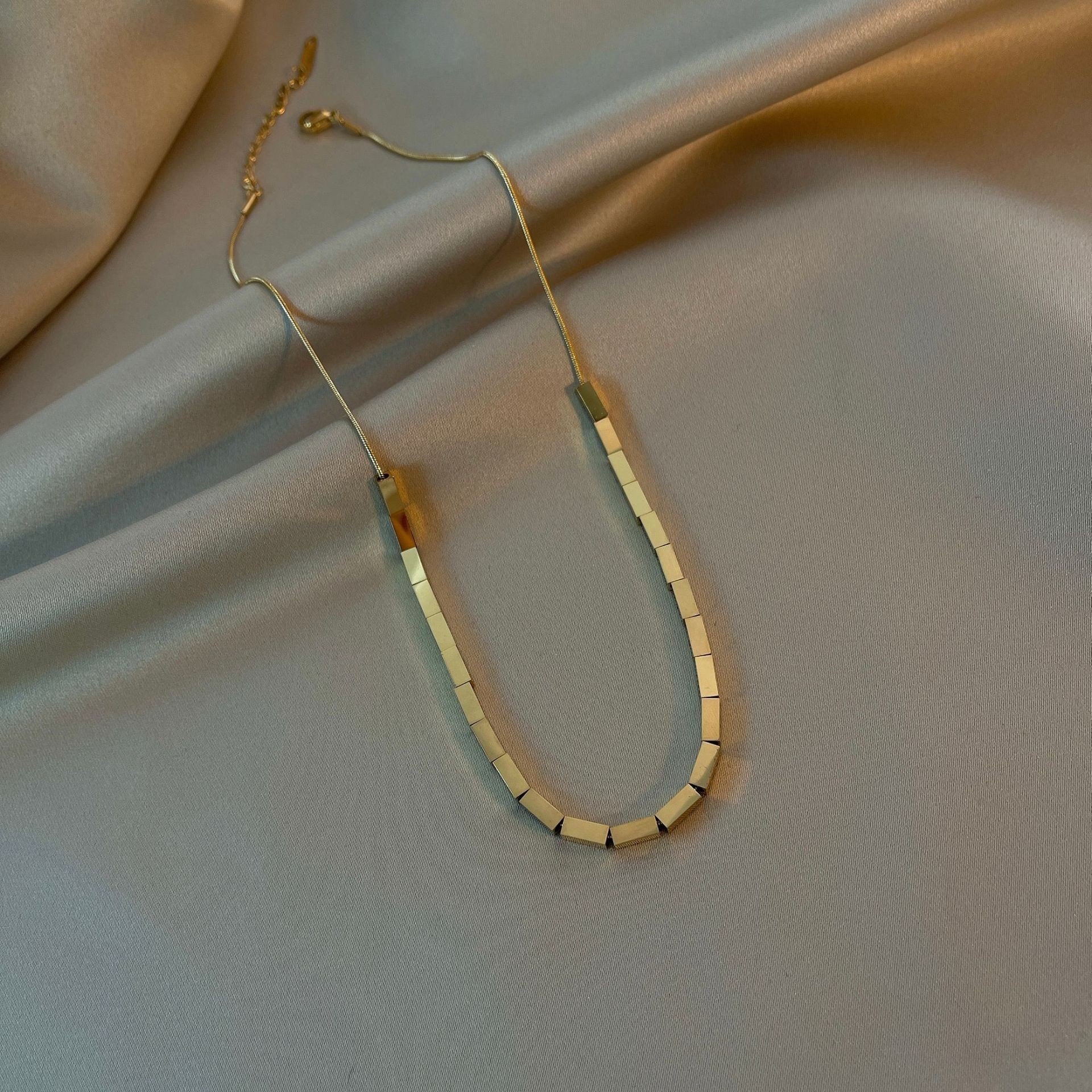Geometric Square Bead Titanium Steel Necklace – Modern Minimalist Chain for Women
