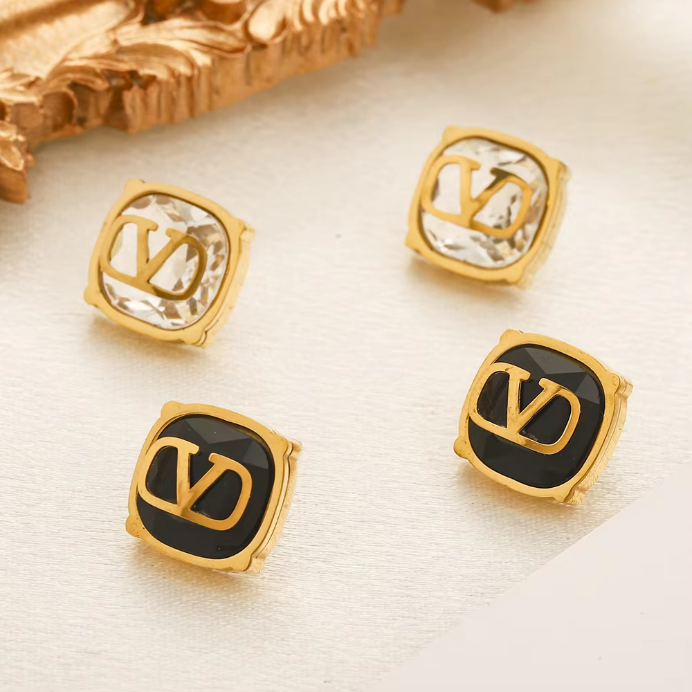 New Arrival Hot Sale Simple Black White Colors Diamond Stainless Steel Earrings Women