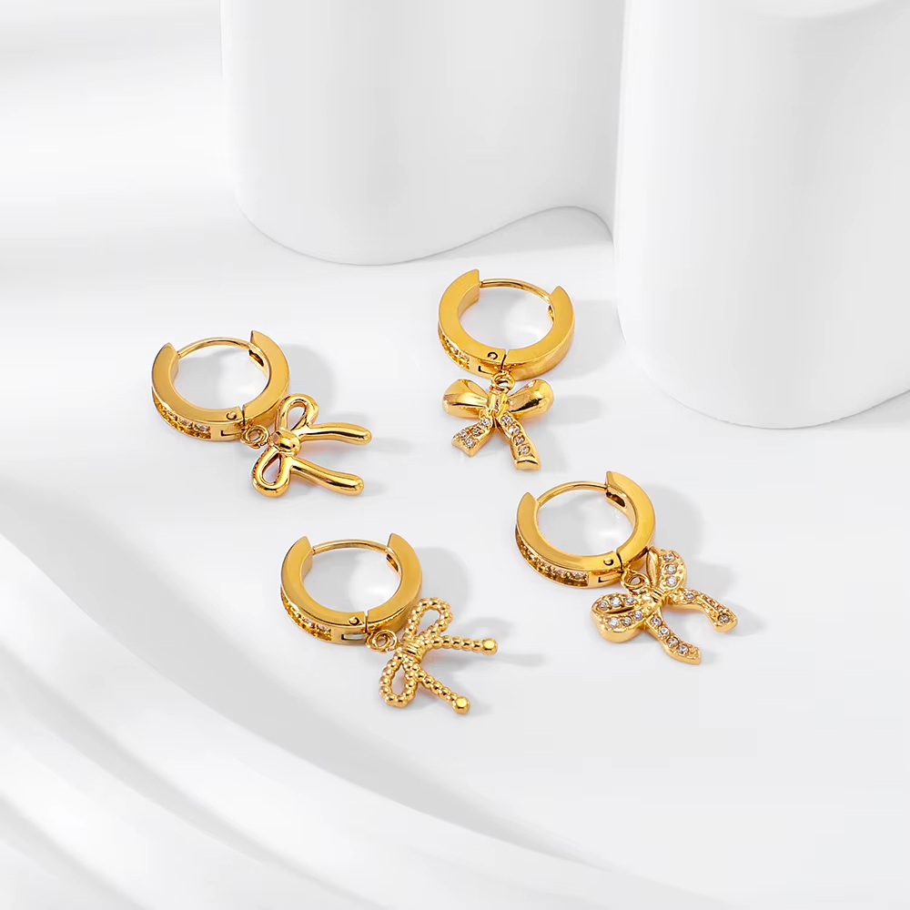 New Fashion 18K Gold Plated Stainless Steel Bowknot Drop Earrings and Necklace Waterproof Jewelry