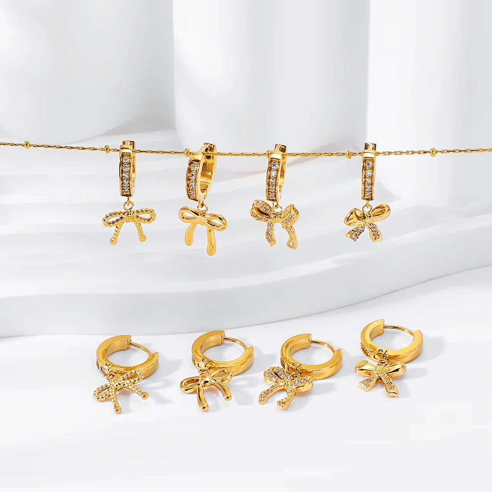 New Fashion 18K Gold Plated Stainless Steel Bowknot Drop Earrings and Necklace Waterproof Jewelry
