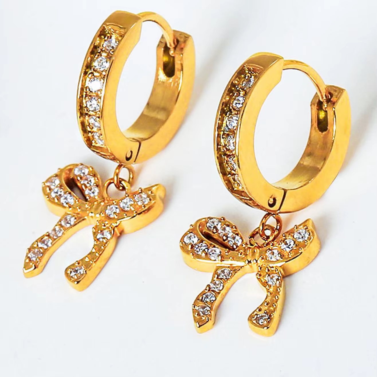 New Fashion 18K Gold Plated Stainless Steel Bowknot Drop Earrings and Necklace Waterproof Jewelry