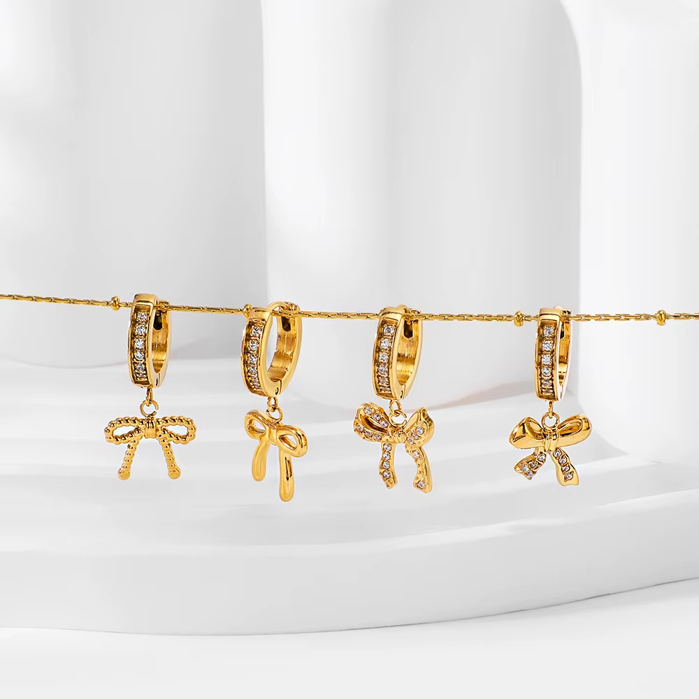 New Fashion 18K Gold Plated Stainless Steel Bowknot Drop Earrings and Necklace Waterproof Jewelry