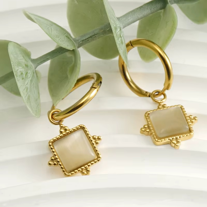 New Square Opal Stainless Steel Earrings Bohemian Design Exotic Vintage Earrings for Female