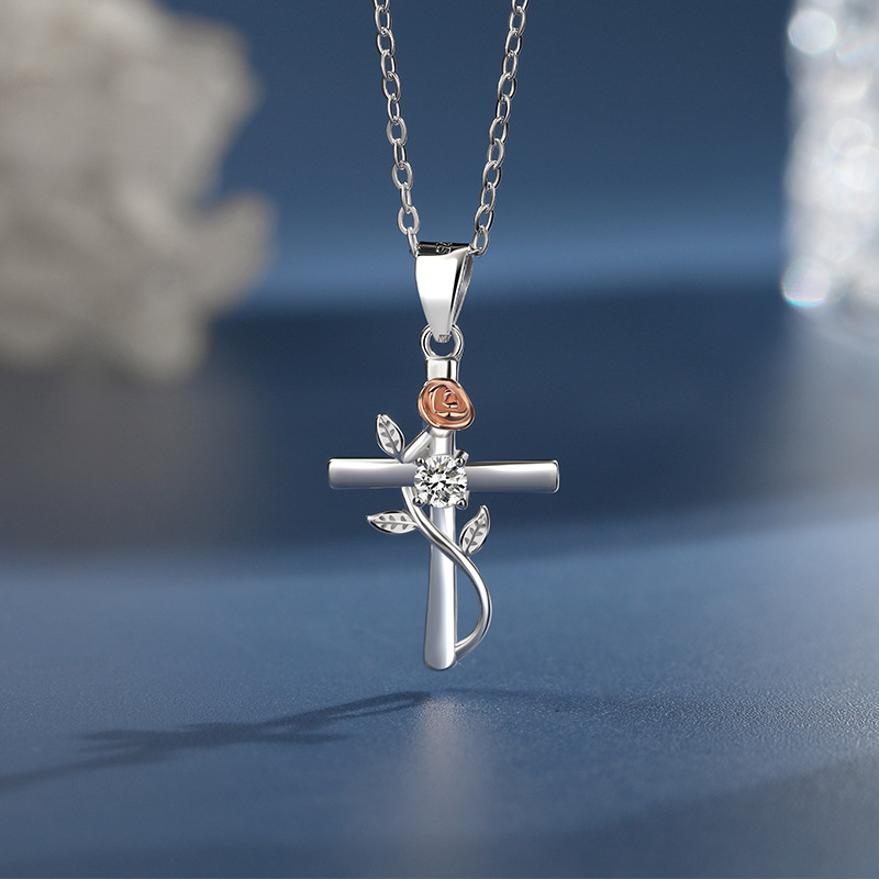Ladies Sterling Silver Cross Necklace with Rose Vine - Elegant Pure Silver Cross Chain for Women
