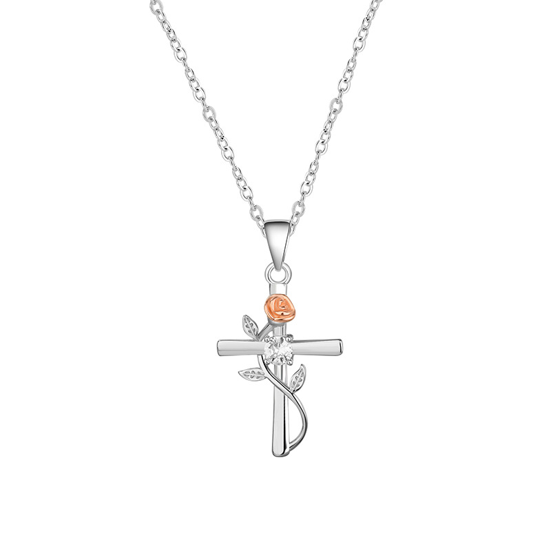 Ladies Sterling Silver Cross Necklace with Rose Vine - Elegant Pure Silver Cross Chain for Women