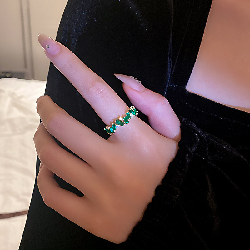 Emerald Green CZ Zircon Eternity Ring for Women – Gold-Plated Copper Band