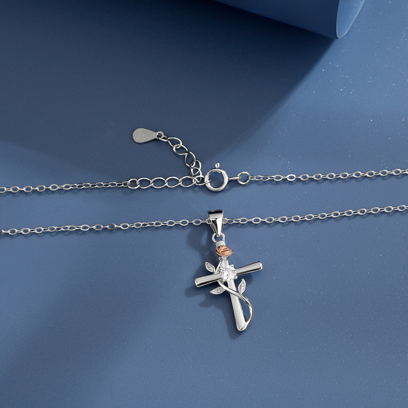 Ladies Sterling Silver Cross Necklace with Rose Vine - Elegant Pure Silver Cross Chain for Women