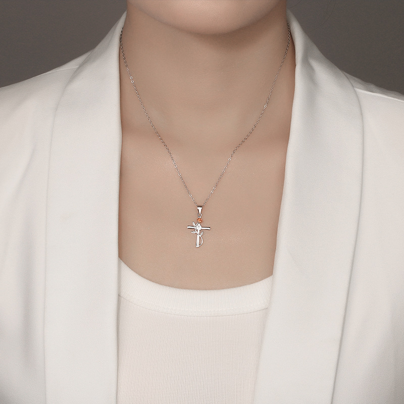 Ladies Sterling Silver Cross Necklace with Rose Vine - Elegant Pure Silver Cross Chain for Women