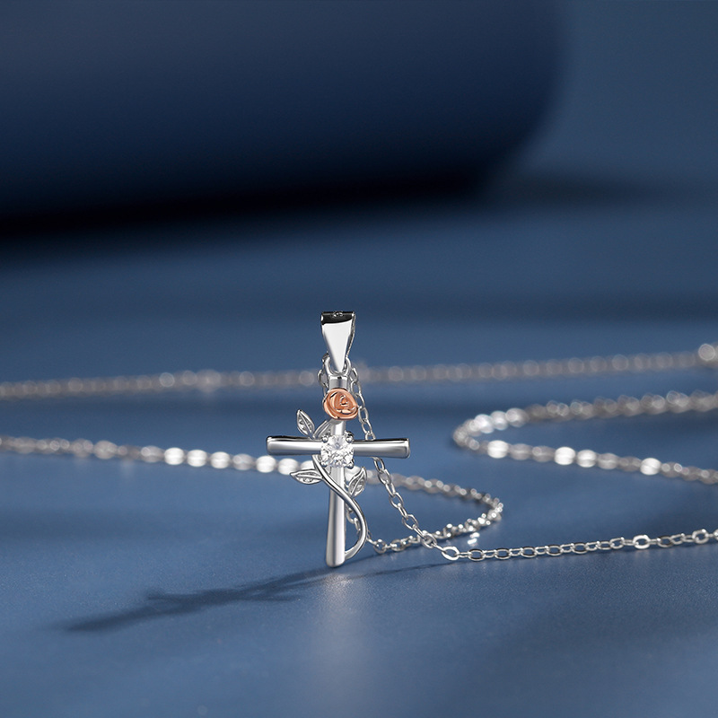 Ladies Sterling Silver Cross Necklace with Rose Vine - Elegant Pure Silver Cross Chain for Women