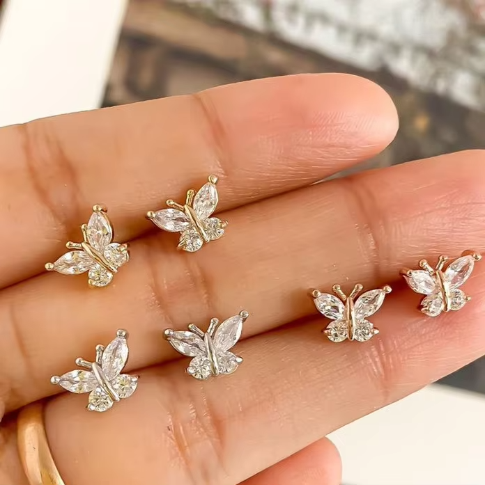 OEM Trendy Cute Butterfly Design Earrings for Bridal Trendy 3A Cubic Zirconia Silver/Gold Plated Stud Earring for Women