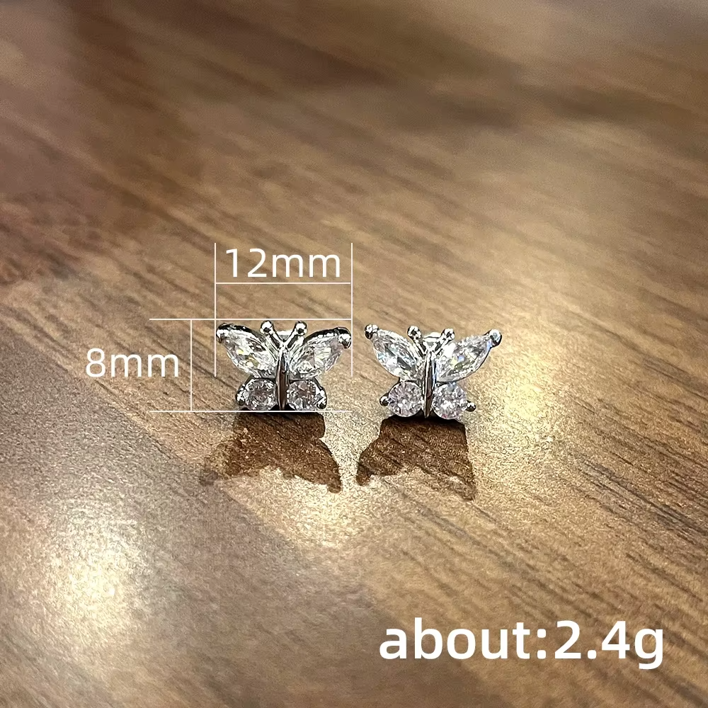 OEM Trendy Cute Butterfly Design Earrings for Bridal Trendy 3A Cubic Zirconia Silver/Gold Plated Stud Earring for Women