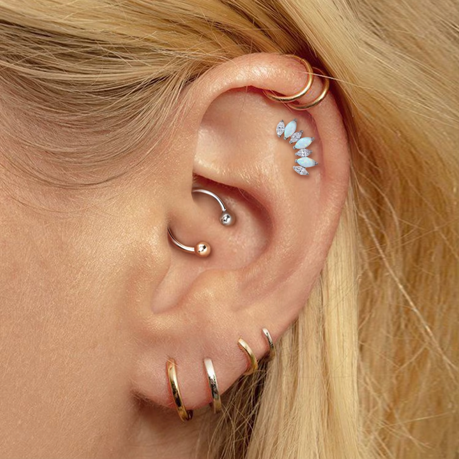 Opal & CZ Marquise Curved Cluster Labret Stud, Internally Threaded Cartilage Earring for Helix, Conch Piercing Jewelry