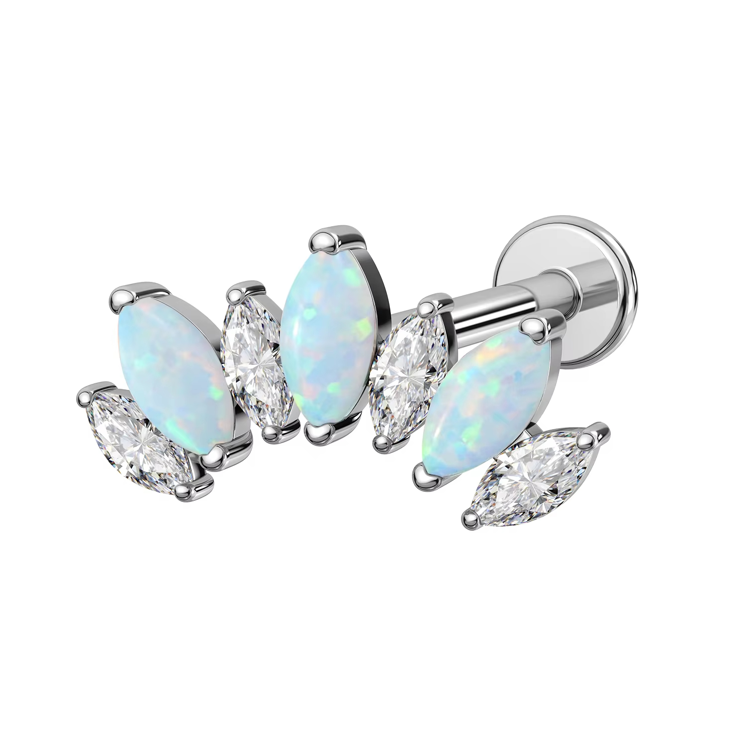 Opal & CZ Marquise Curved Cluster Labret Stud, Internally Threaded Cartilage Earring for Helix, Conch Piercing Jewelry