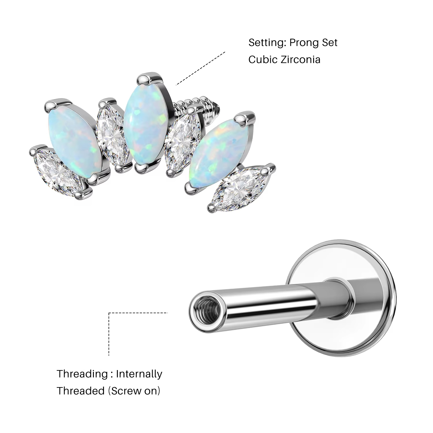 Opal & CZ Marquise Curved Cluster Labret Stud, Internally Threaded Cartilage Earring for Helix, Conch Piercing Jewelry