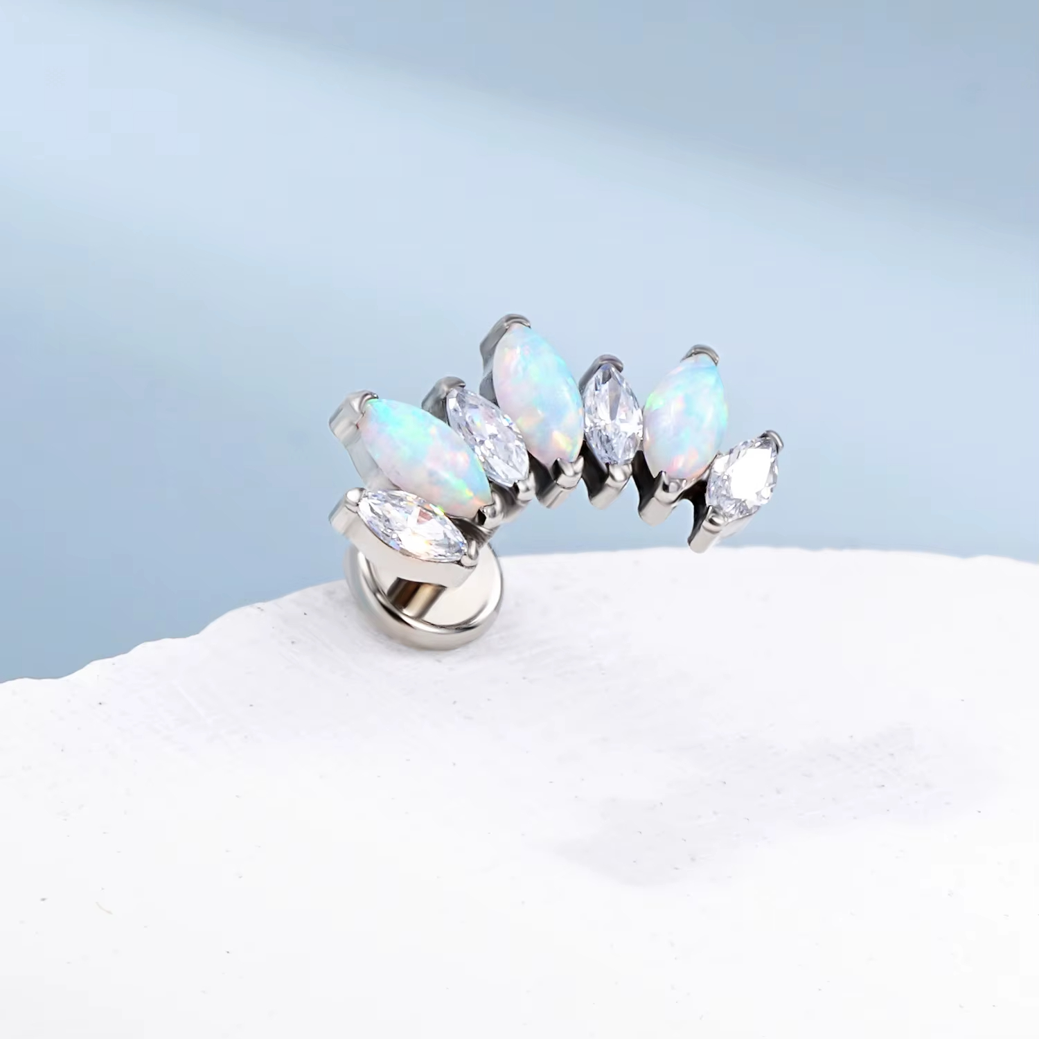 Opal & CZ Marquise Curved Cluster Labret Stud, Internally Threaded Cartilage Earring for Helix, Conch Piercing Jewelry