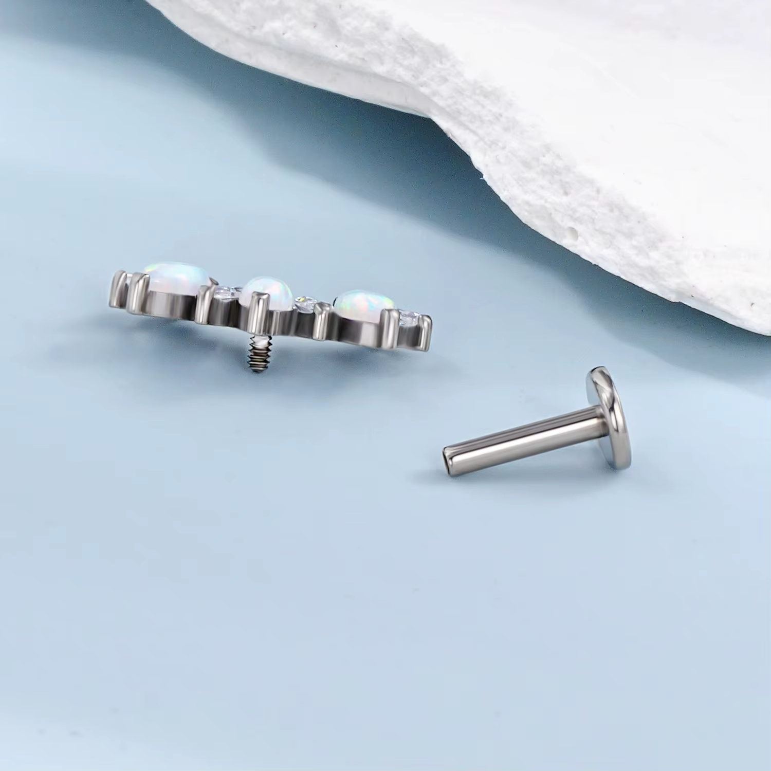 Opal & CZ Marquise Curved Cluster Labret Stud, Internally Threaded Cartilage Earring for Helix, Conch Piercing Jewelry