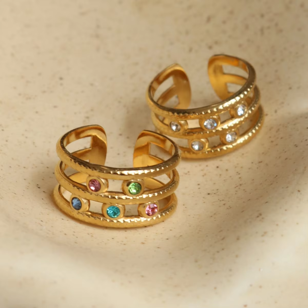 Open Hollow Gold-Plated Stainless Steel Rhinestone Ring – Adjustable Triple Row Design for Women