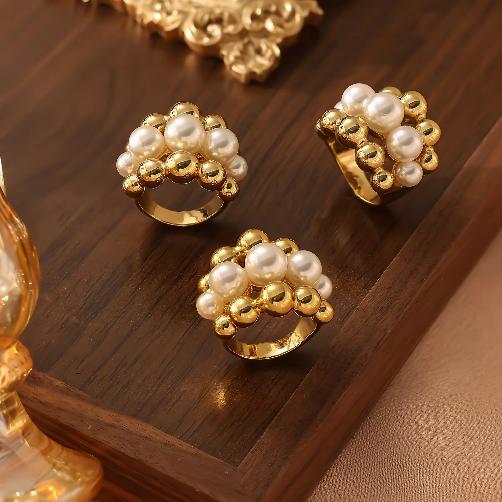 Luxury 18K Gold Plated Pearl Ball Layered Ring – Elegant Stainless Steel Fashion Jewelry for Women