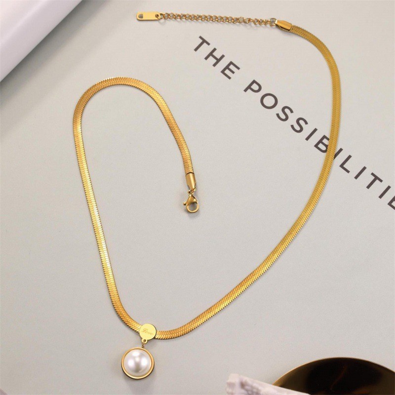 Elegant Pearl Drop Necklace – Gold Titanium Steel Flat Chain Pendant