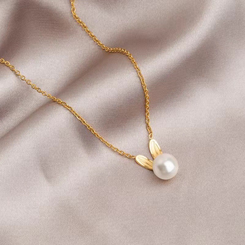 Cute Bunny Pearl Pendant Necklace – Titanium Steel Korean Minimalist Style