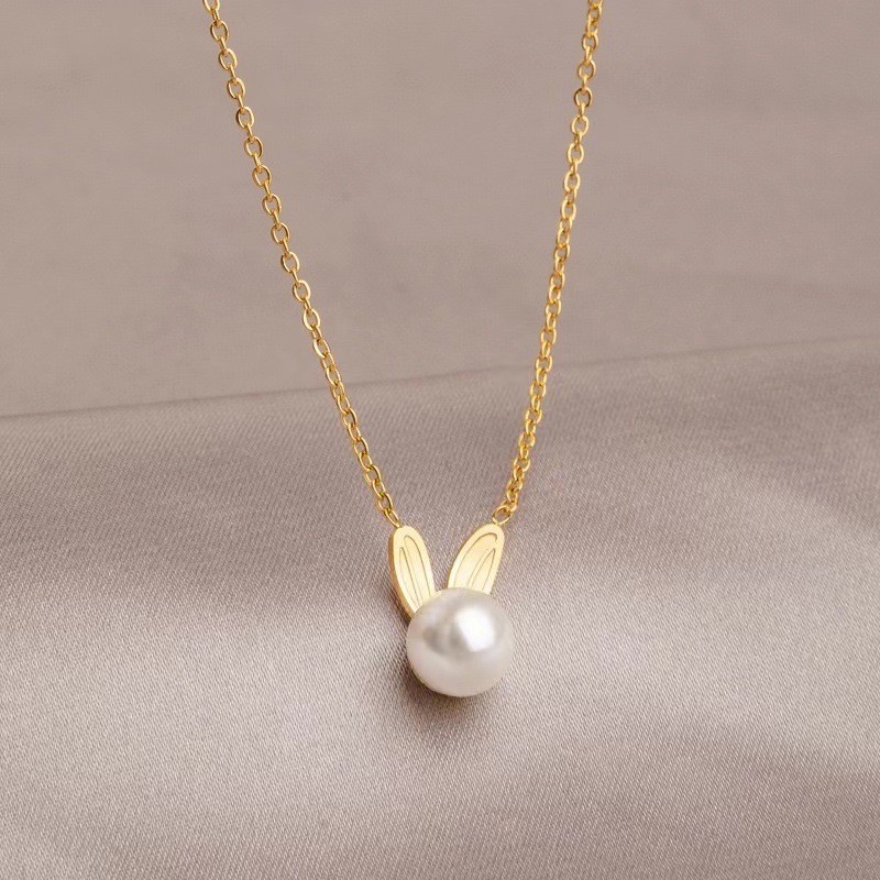 Cute Bunny Pearl Pendant Necklace – Titanium Steel Korean Minimalist Style