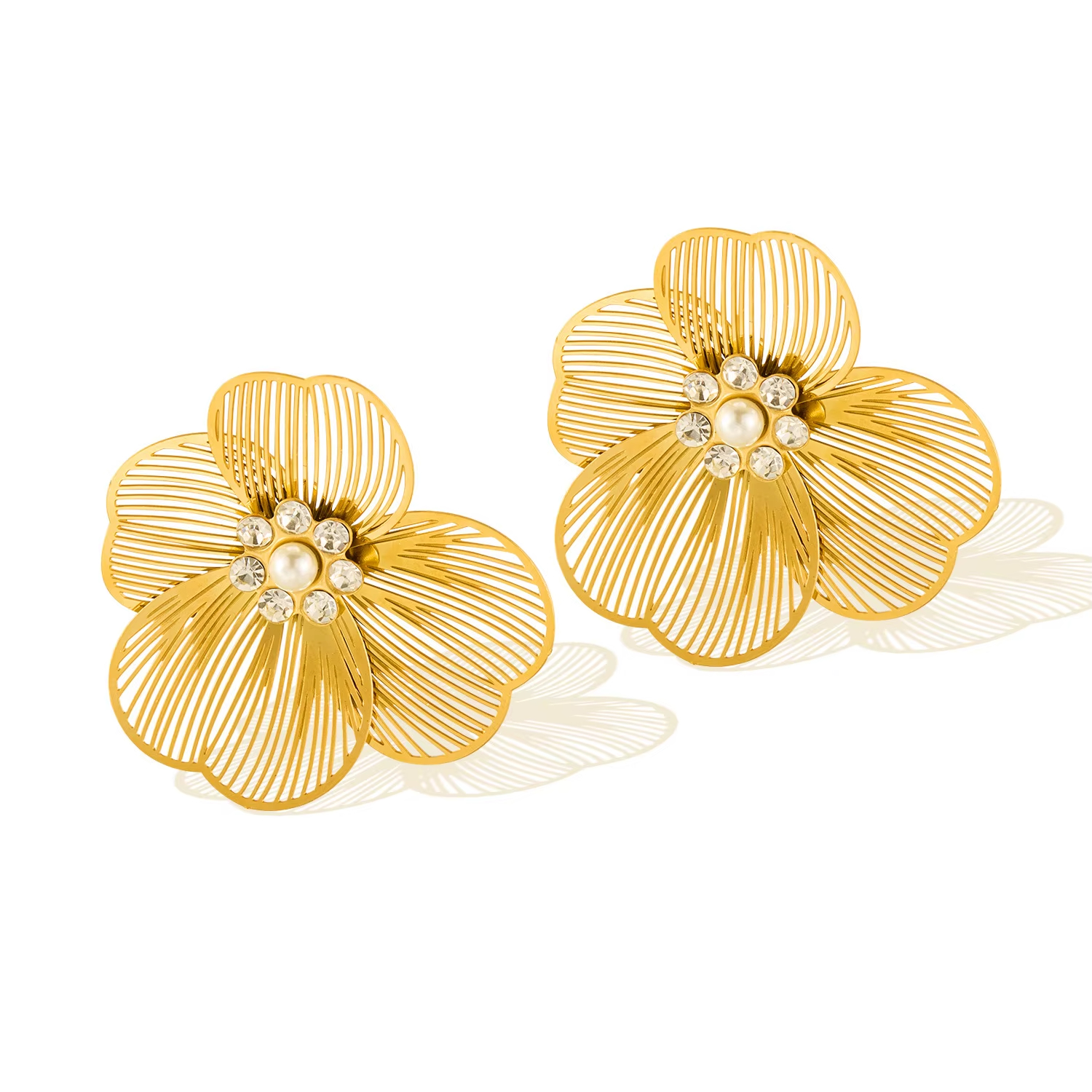 Personality Flower Titanium Steel Stud Earrings French Vintage Light Luxury Pearl Zircon Gold Earrings Stainless Steel Jewelry