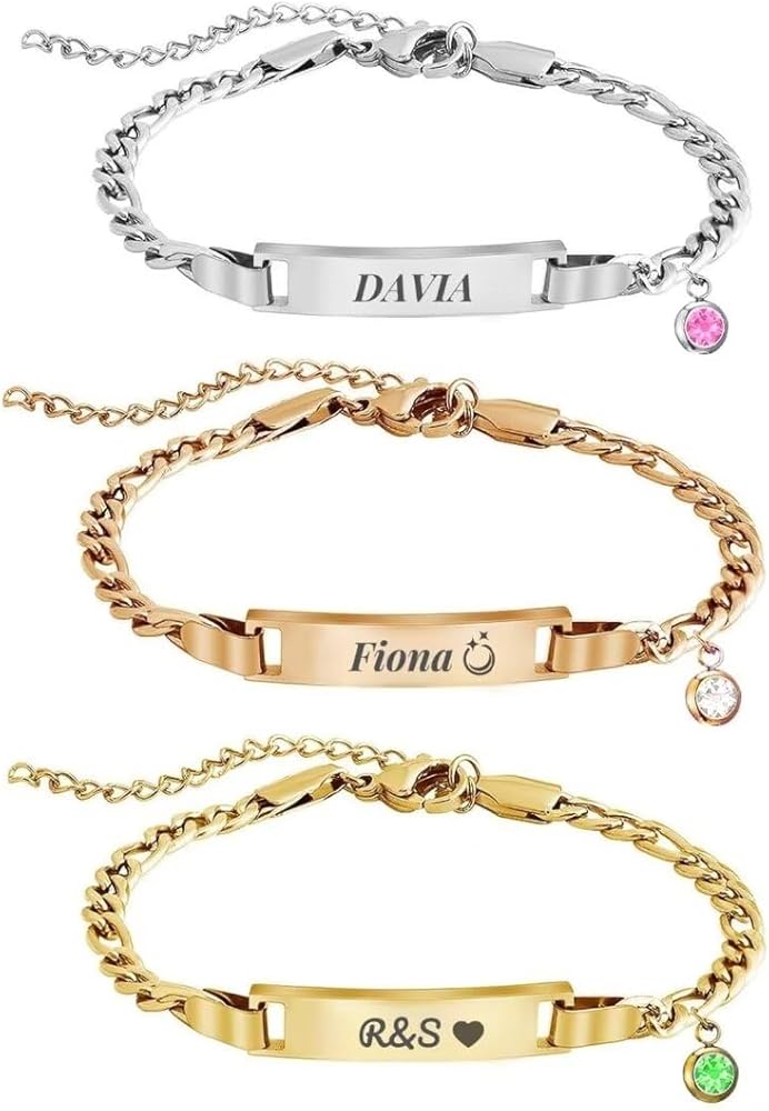 Personalized Charm Bracelets – Custom Name Plate with Birthstone Pendant