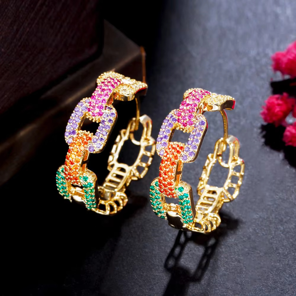Popular 18K Gold Plated Copper Jewelry Cubic Zirconia Inlaid Colorful Exquisite Chain Design Hoop Earrings for Women Party