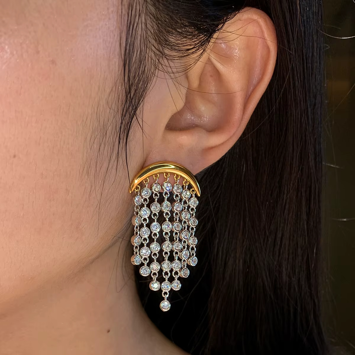 Premium Luxury Brass Plated With 18K Gold and Platinum Zirconia-Studded Fringe Pendant Earrings Women's Jewelry Wholesale