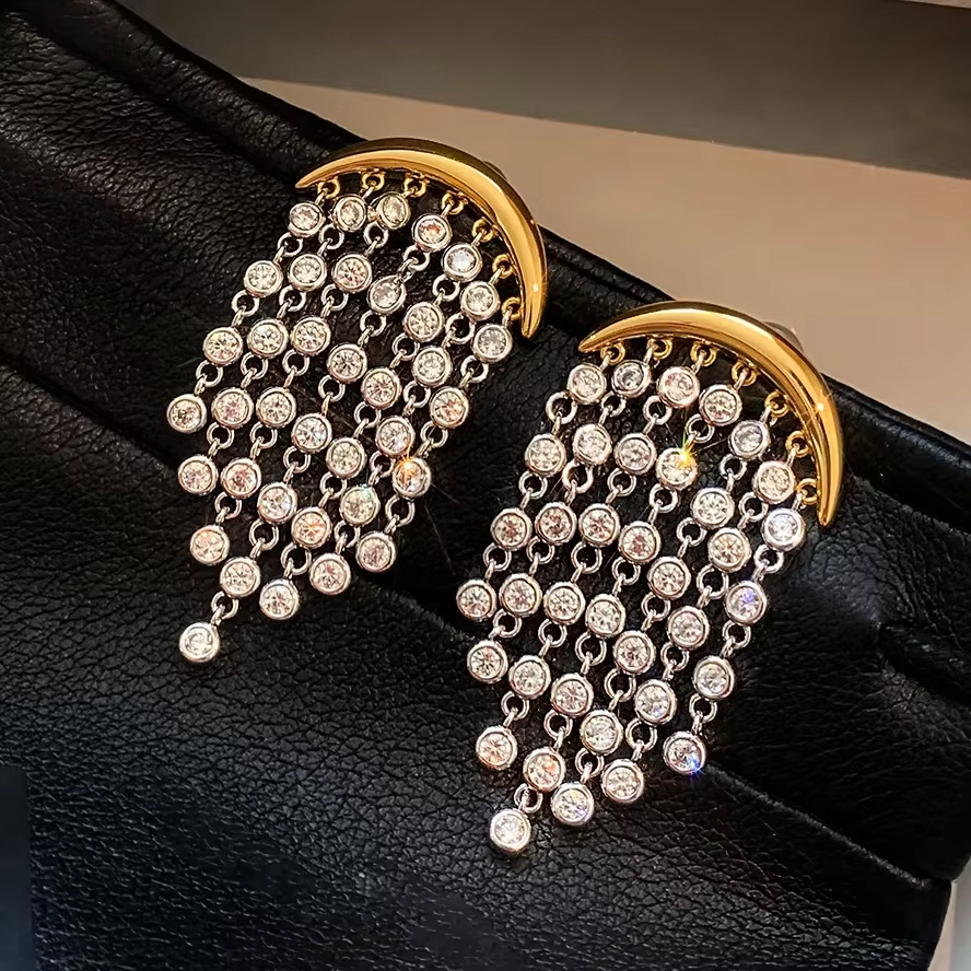 Premium Luxury Brass Plated With 18K Gold and Platinum Zirconia-Studded Fringe Pendant Earrings Women's Jewelry Wholesale