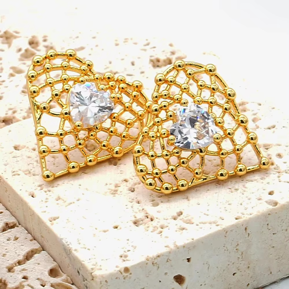 Puffy Heart Earrings, Korean Lacie Heart Earrings Stud Gold Plated