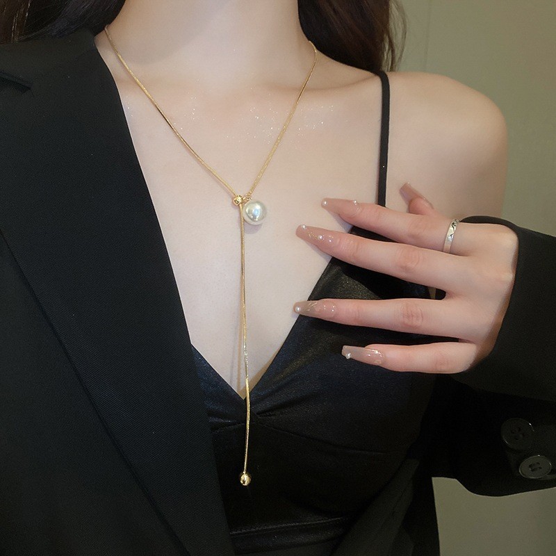 Elegant Gold Y Pendant Necklace with Simulated Pearl – Titanium Steel