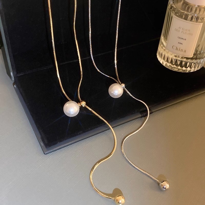 Elegant Gold Y Pendant Necklace with Simulated Pearl – Titanium Steel