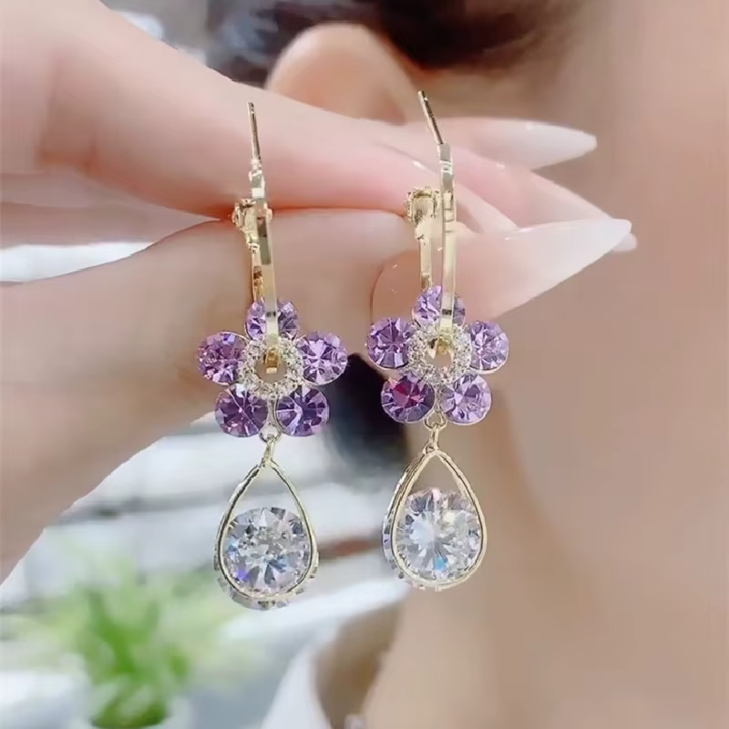 Purple Crystal Flower Earrings Petal Drops Tassel Luxury High Earrings