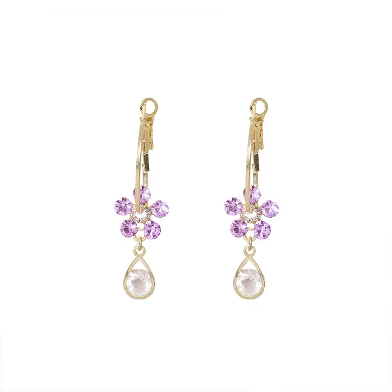 Purple Crystal Flower Earrings Petal Drops Tassel Luxury High Earrings