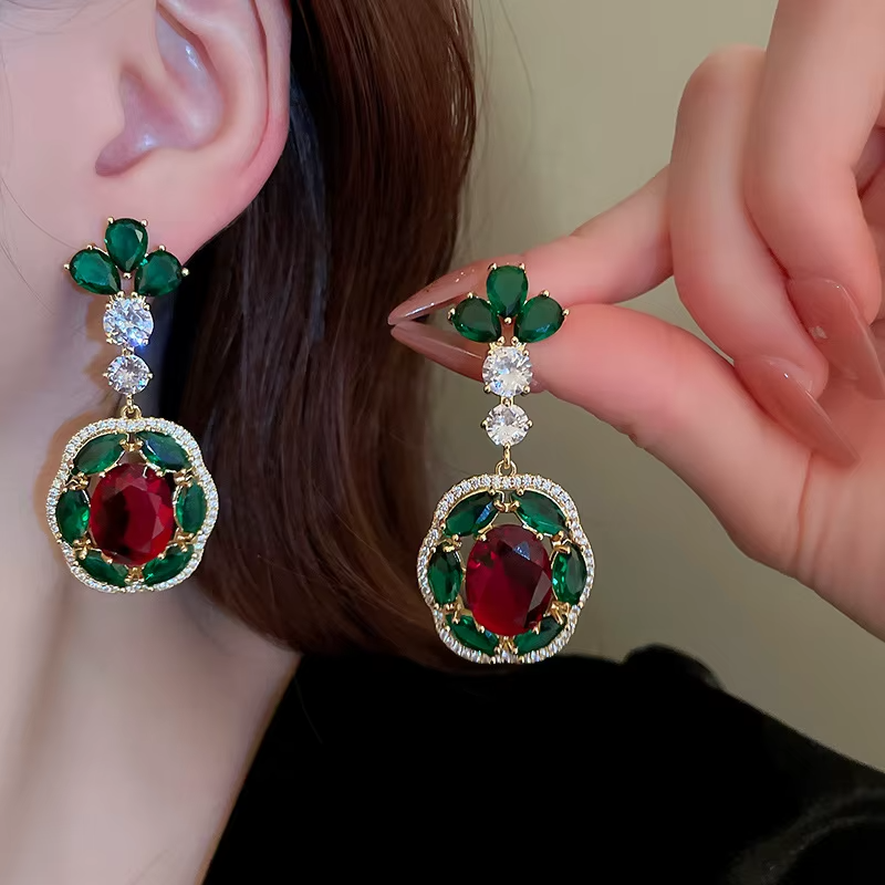 Real Gold Electroplated Silver Needle Zircon Colorful Flower Geometry Copper Light Luxury Wholesale Stud Earrings for Woman