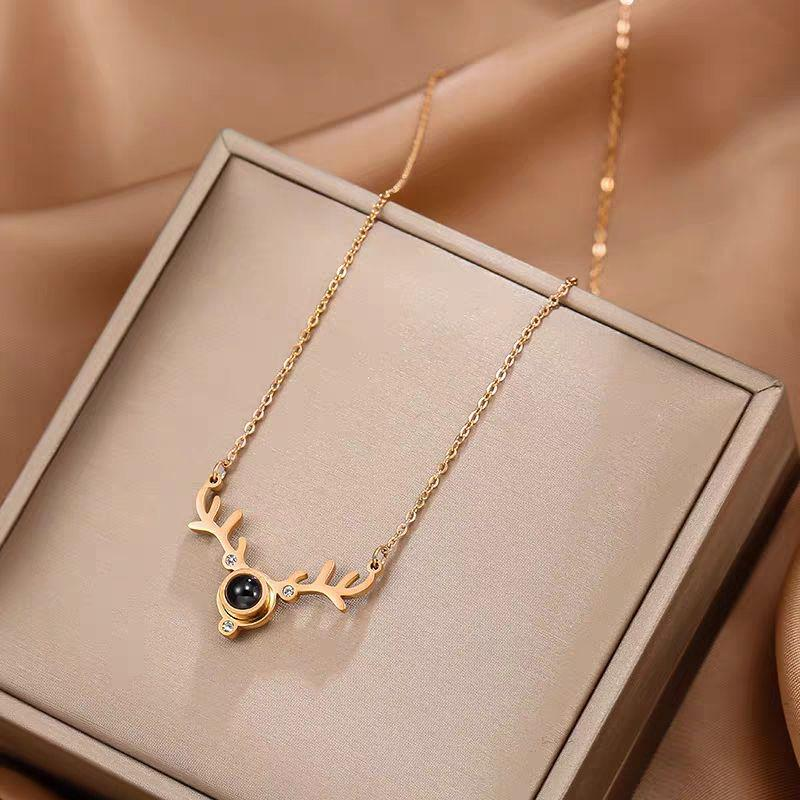 Reindeer Antler Pendant Necklace – 18K Gold Plated Stainless Steel Holiday Jewelry with Black Stone & Zircon Accents