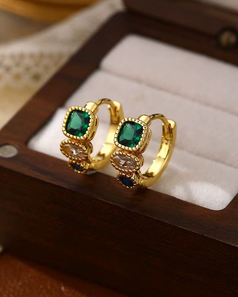 Retro Trendy Geometric Green Zircon Earrings for Women Gold-color Plated Brass Anniversary Gift
