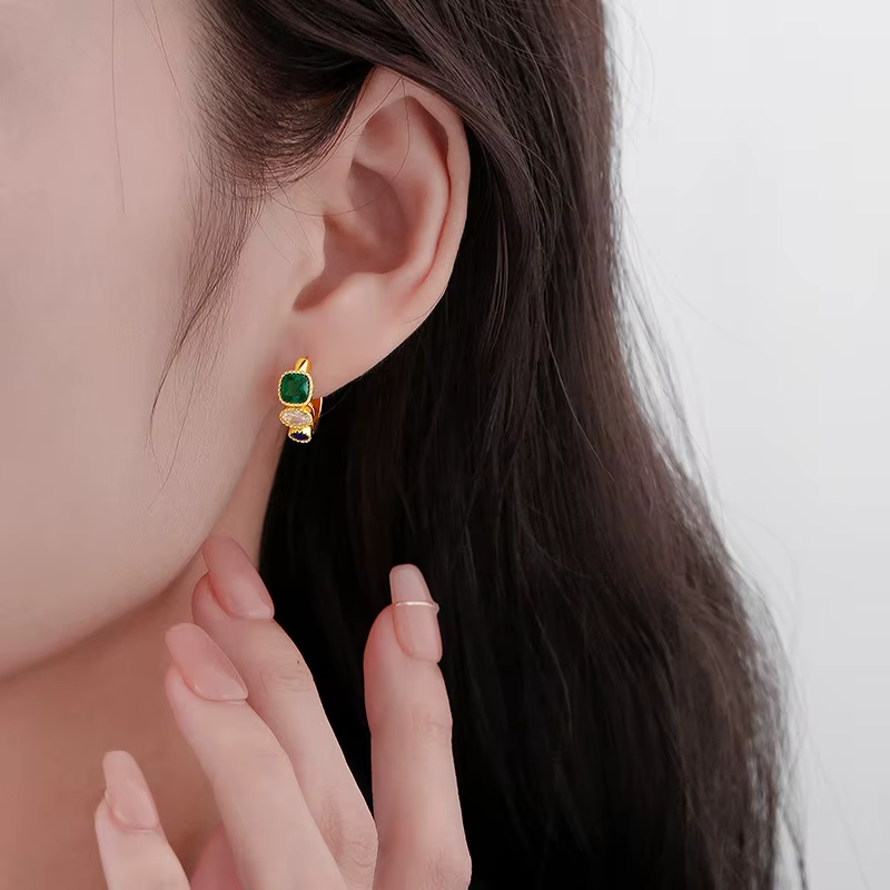 Retro Trendy Geometric Green Zircon Earrings for Women Gold-color Plated Brass Anniversary Gift