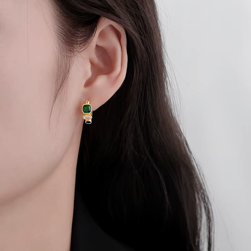 Retro Trendy Geometric Green Zircon Earrings for Women Gold-color Plated Brass Anniversary Gift