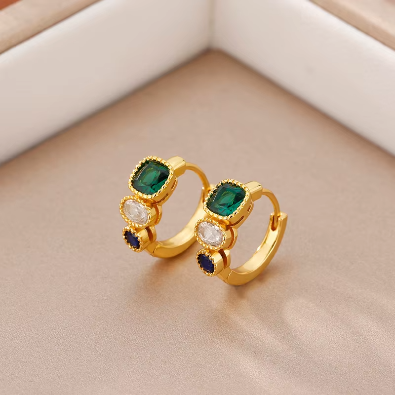 Retro Trendy Geometric Green Zircon Earrings for Women Gold-color Plated Brass Anniversary Gift