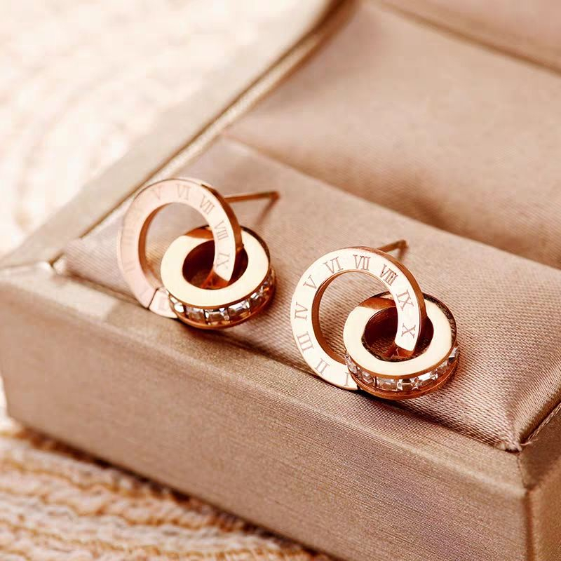 Roman Numeral Double Circle Stud Earrings – Rose Gold with Crystal Inlay