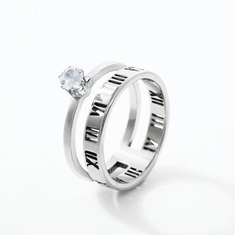 Roman Numerals Solitaire Engagement Ring Stainless Steel Silver Women Ring