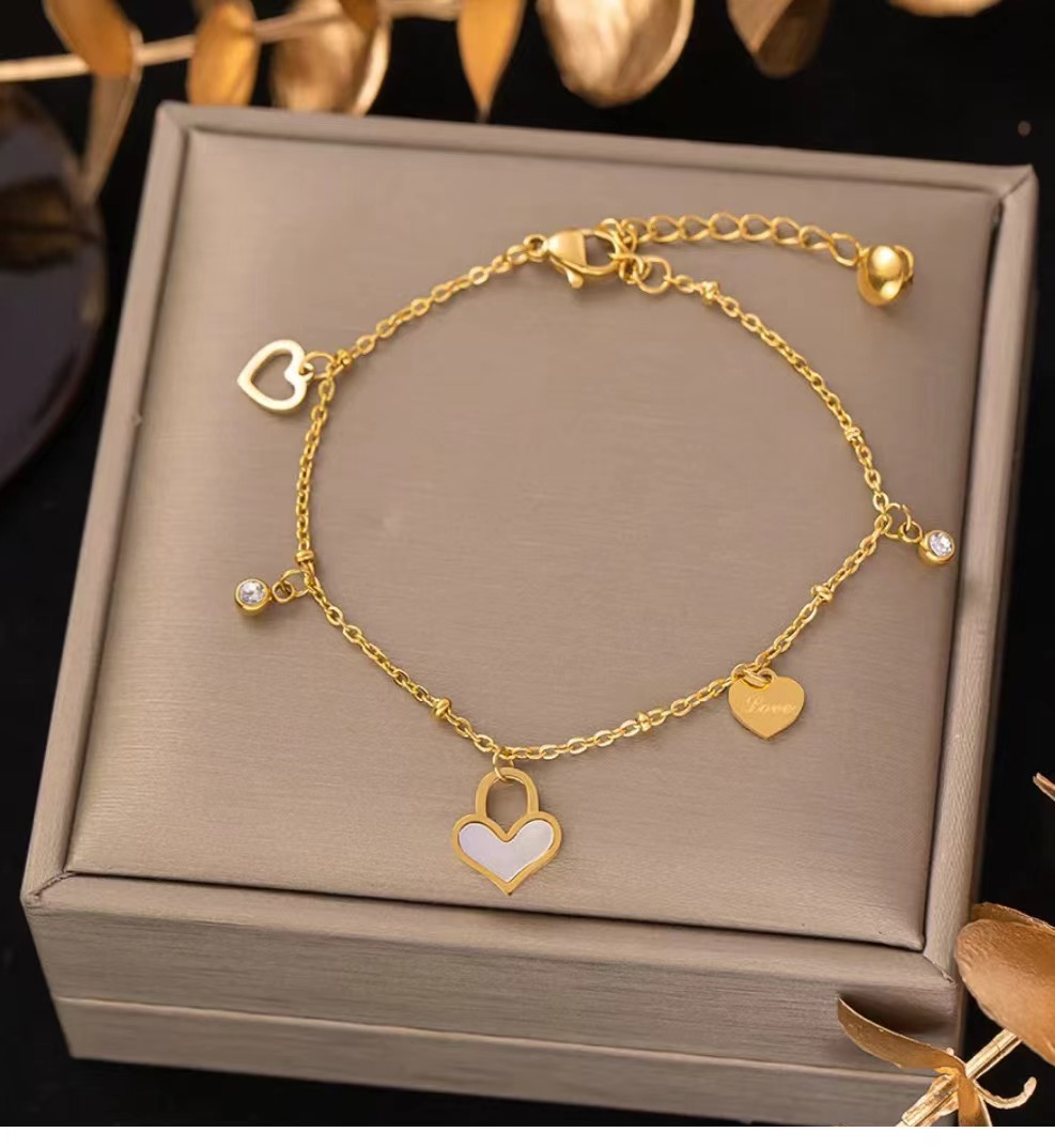 Romantic Heart Charm Gold Plated Stainless Steel Bracelet for Women