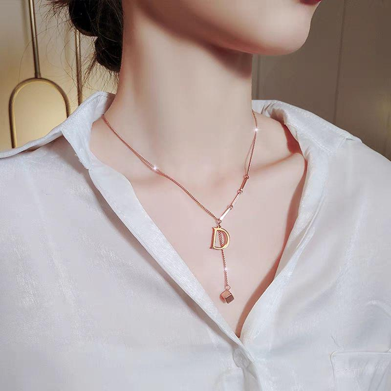 Rose Gold D Initial Y Necklace – 18K Gold Plated Titanium Steel